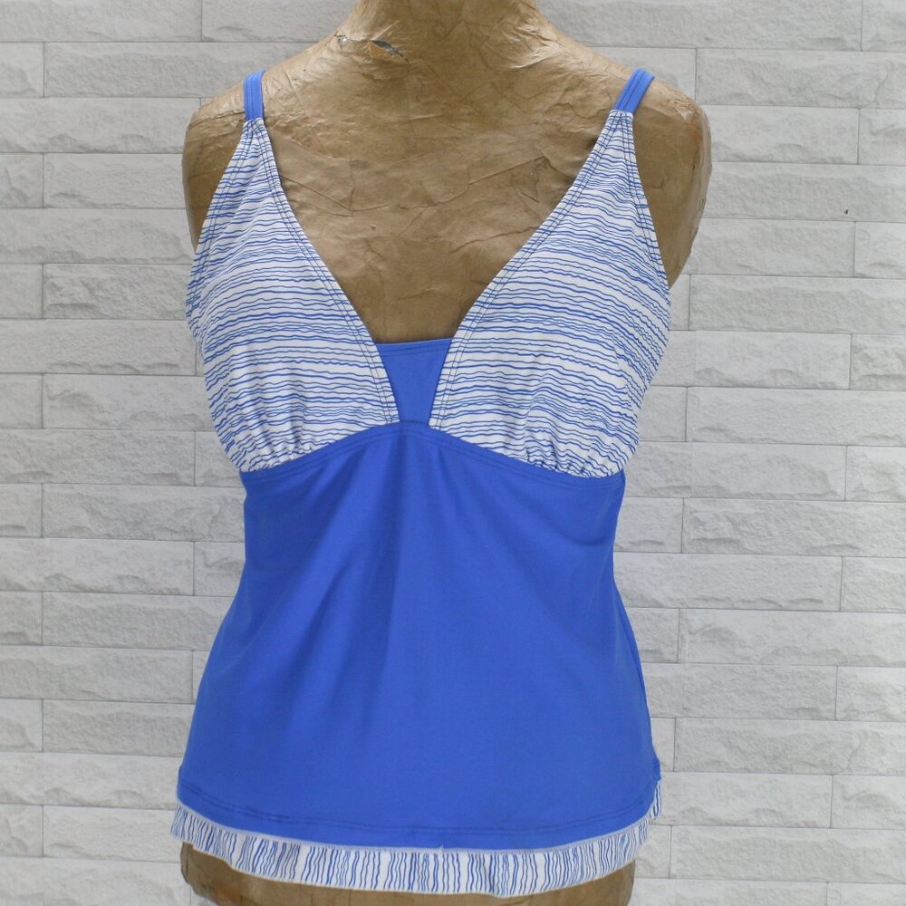 WALK ON BEACH Tankini Top Wavy Line Summer Swimsuit Ruffle Blue Large